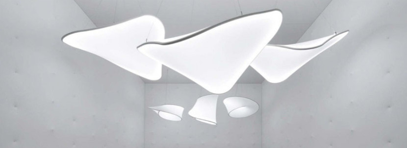 3D stretch ceiling installation in a luxury shopping center – modern white Barrisol ceiling