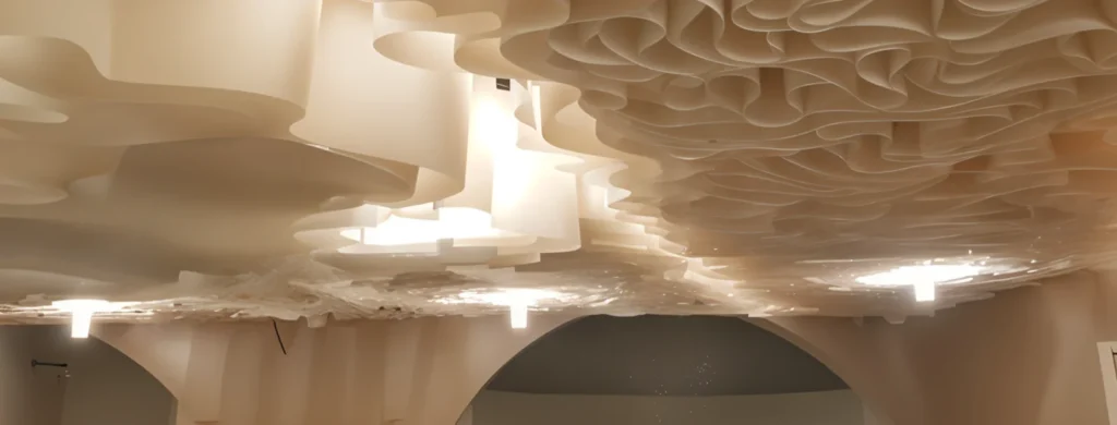 Paper-like stretch ceiling with warm ambient lighting – elegant matte ceiling for luxurious interiors