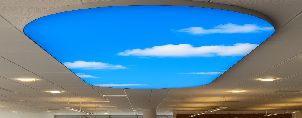 Printed stretch ceiling with blue sky design – artistic ceiling feature for bright and open interiors