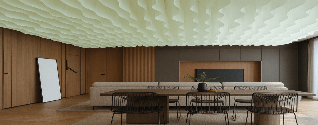 Matte paper-like stretch ceiling in soft green – elegant non-glossy ceiling for modern interiors