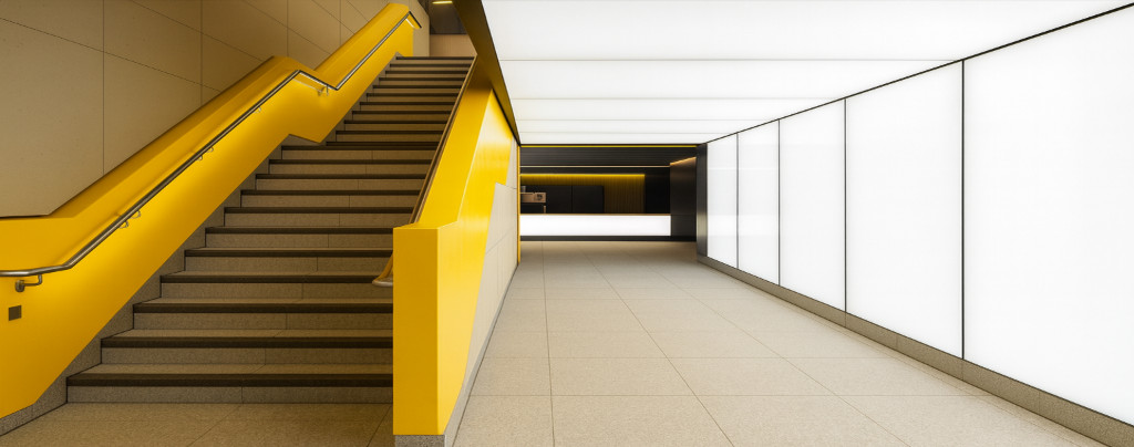 Printed stretch ceiling with minimalist design above staircase – modern and clean ceiling solution