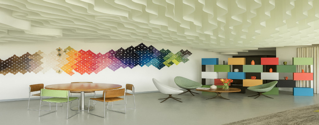 Colorful stretch ceiling with artistic paper-like finish – custom printed ceiling for creative interiors
