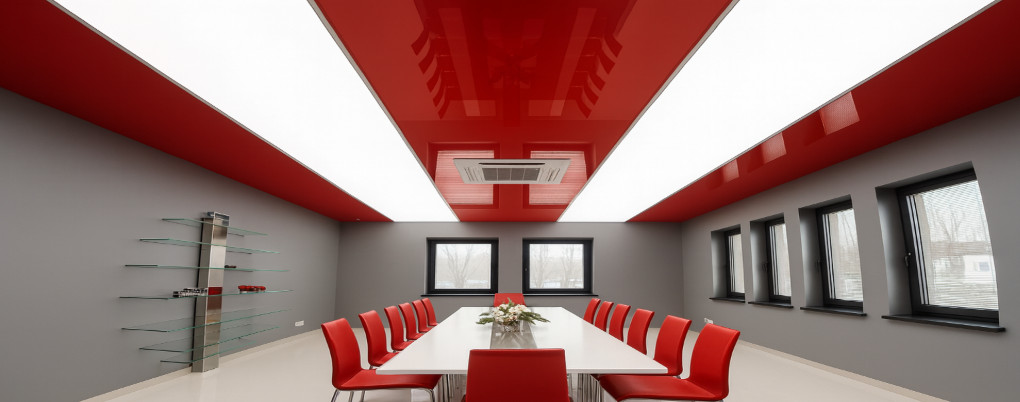 Glossy red stretch ceiling in a modern corridor – high-shine ceiling design for bold and elegant interiors
