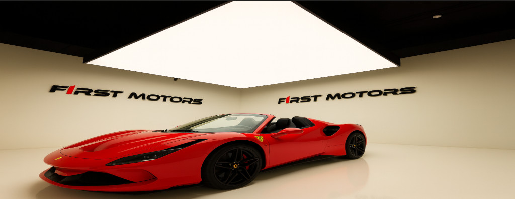 Stretch ceiling with integrated lighting above luxury car – ideal for showrooms and elegant spaces