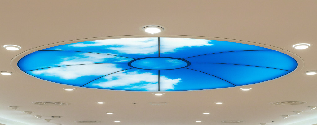 Tailored French stretch ceiling with round printed sky design – luxury decorative ceiling element