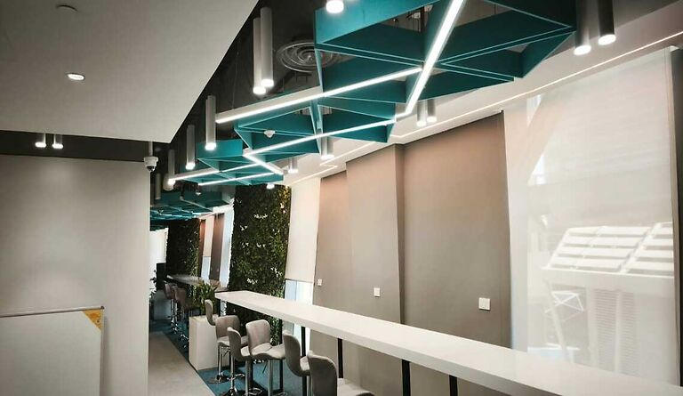 Modern Interior with Diagonal Squares Wood Wool Acoustic Panels for Soundproofing