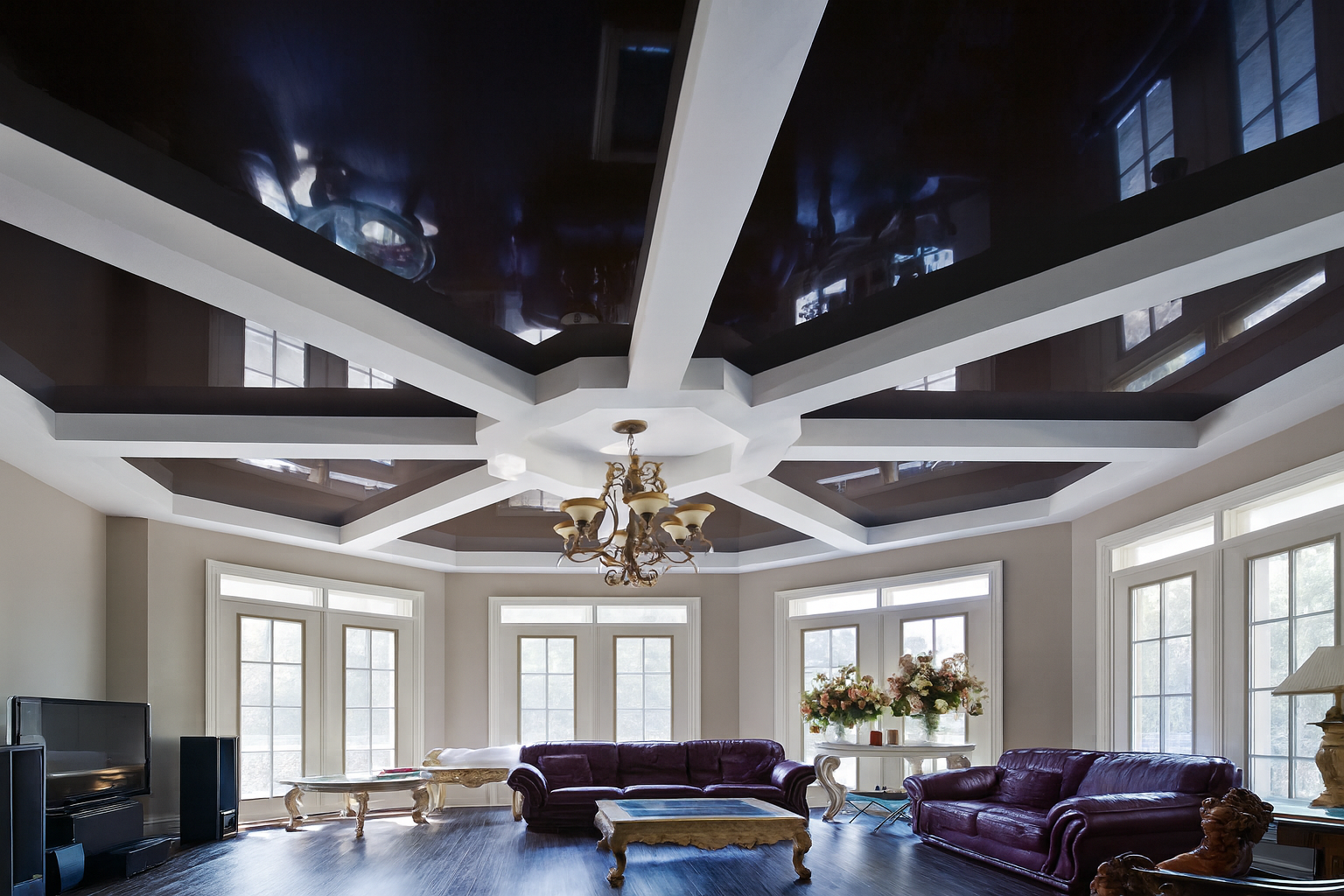 glossy stretch ceiling installation with modern glossy finish and hidden lighting