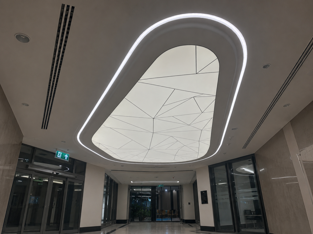 سقف فرنسي مشدودStretch Ceiling بإضاءة LED دائرية في بهو مشروع تجاري بالرياض